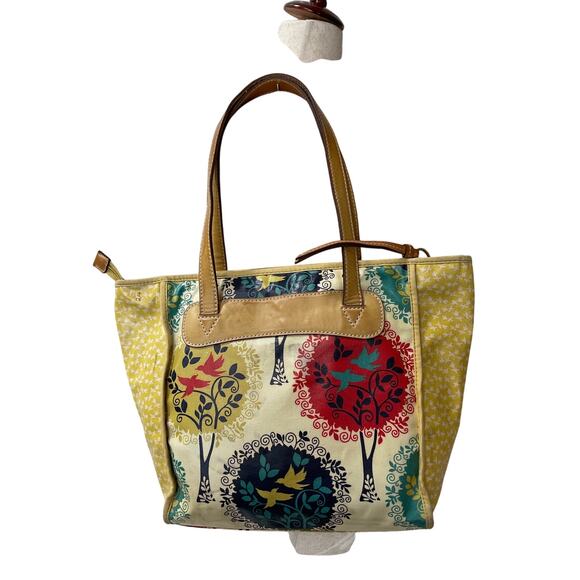 Fossil Key-Per PVC Coated Canvas  floral tree pattern Leather trim Tote Bag - Picture 1 of 15